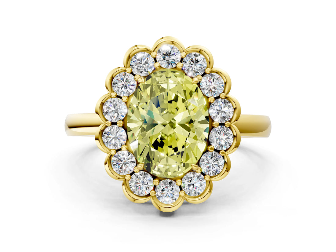 Yellow gold Fancy Yellow Oval  Halo Cluster Diamond Engagement Ring with Solitaire Band and Prong Setting_66