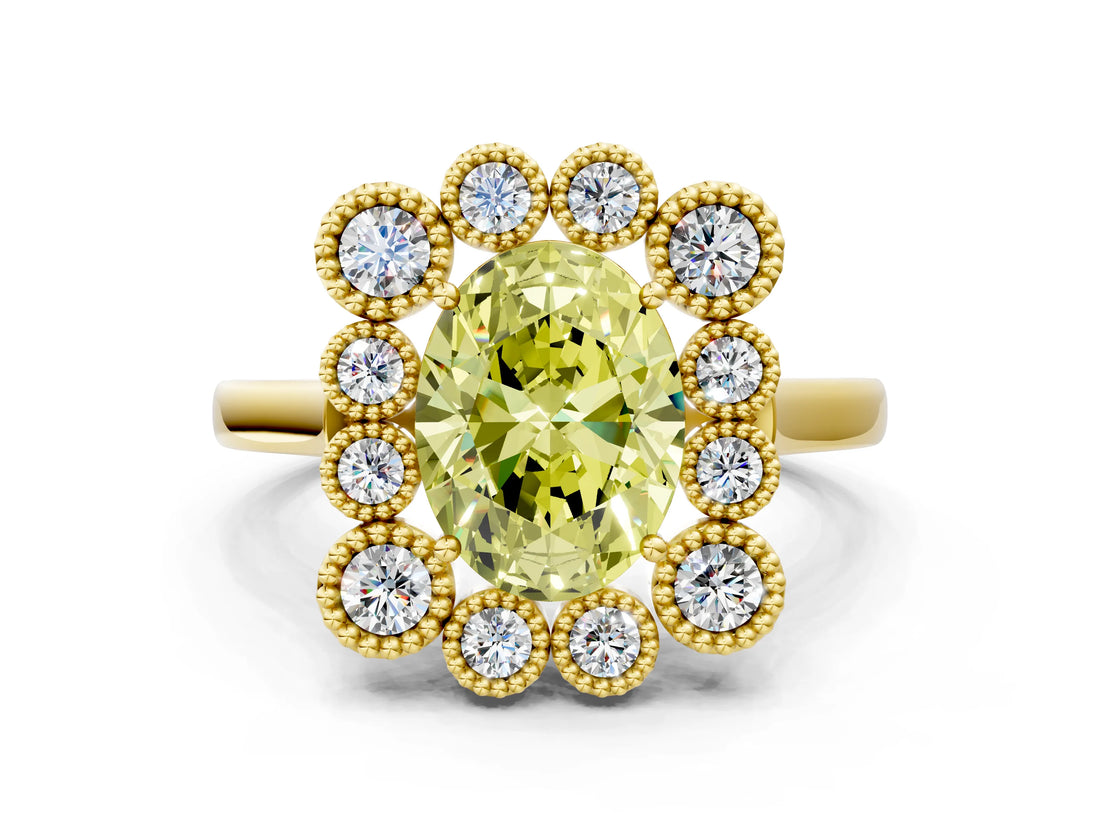 Yellow gold Fancy Yellow Oval  Halo Diamond Cluster Engagement Ring with Milgrain Bezel Setting and Solitaire Band_27