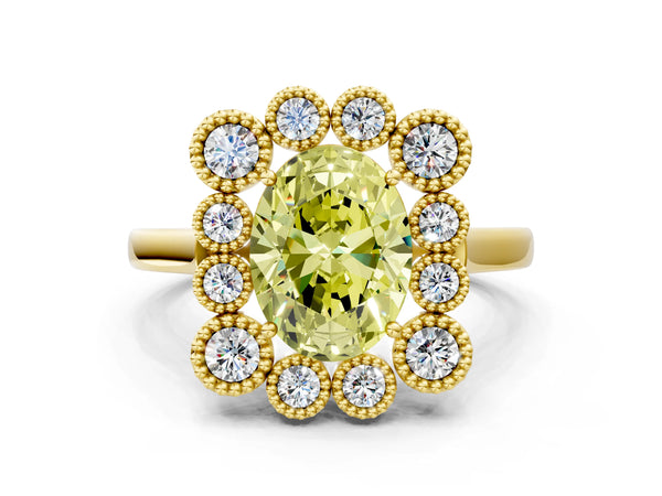 Yellow gold Fancy Yellow Oval  Halo Diamond Cluster Engagement Ring with Milgrain Bezel Setting and Solitaire Band