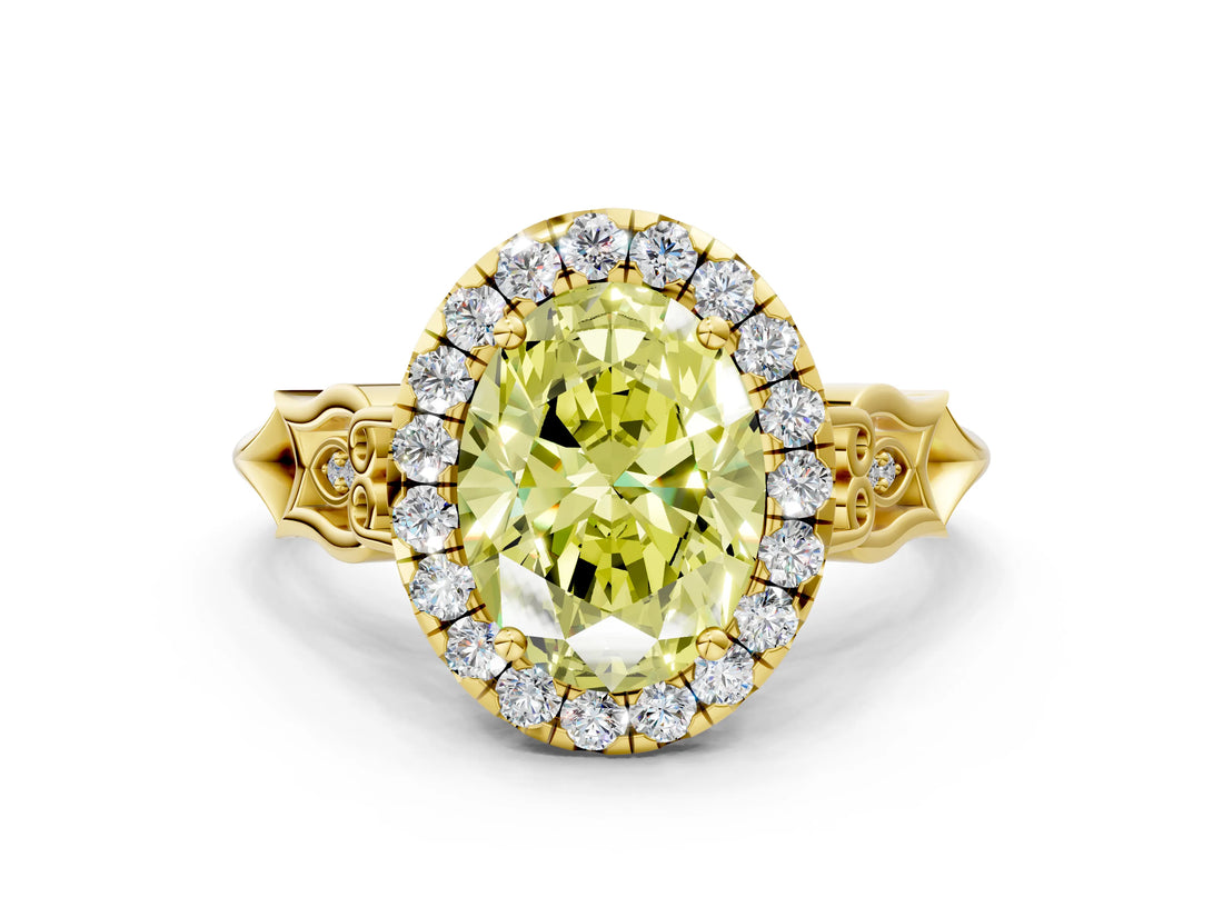 Yellow gold Fancy Yellow Oval  Halo Diamond Engagement Ring with Filigree Band and Four-Prong Setting_81