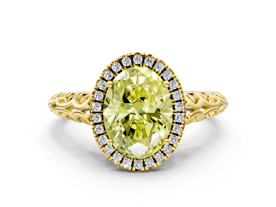 Yellow gold Fancy Yellow Oval  Halo Diamond Engagement Ring with Intricate Filigree Band and Four-Prong Setting_37