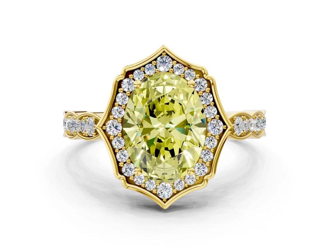 Yellow gold Fancy Yellow Oval  Halo Diamond Engagement Ring with Milgrain Band and Four-Prong Setting_54