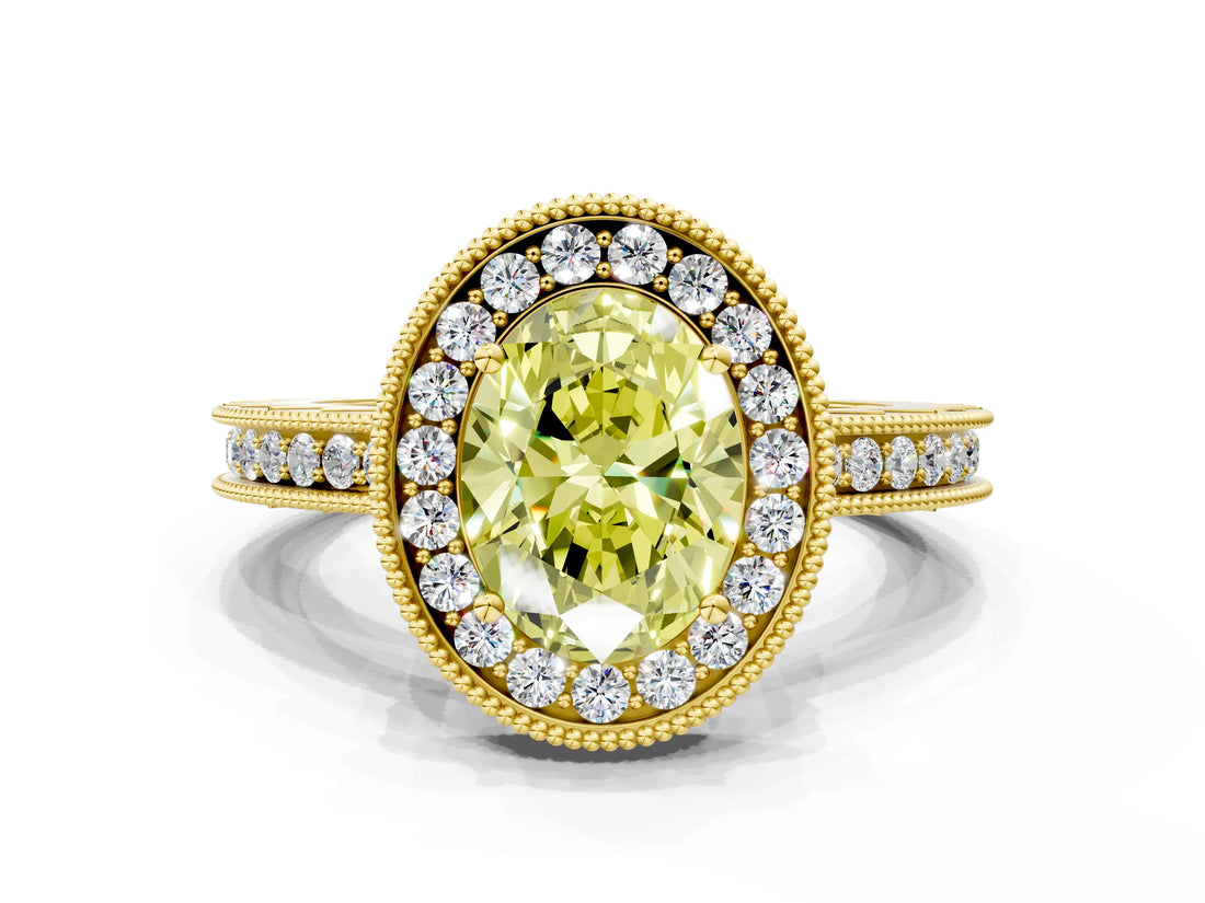 Yellow gold Fancy Yellow Oval  Halo Diamond Engagement Ring with Milgrain Pave Band and Four-Prong Setting_38