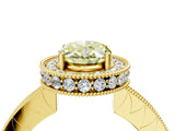 Yellow gold Fancy Yellow Oval  Halo Diamond Engagement Ring with Milgrain Pave Band and Four-Prong Setting_42
