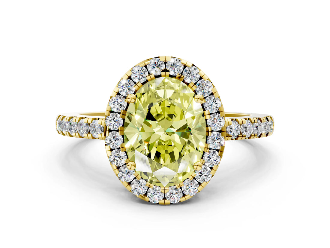 Yellow gold Fancy Yellow Oval  Halo Diamond Engagement Ring with Pavé Band and Four-Prong Setting_81