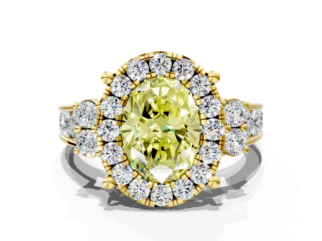 Yellow gold Fancy Yellow Oval  Halo Diamond Engagement Ring with Split Shank and Four-Prong Setting_43