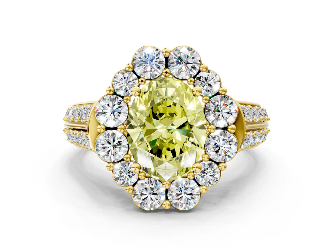 Yellow gold Fancy Yellow Oval  Halo Diamond Engagement Ring with Split Shank and Prong Setting_66