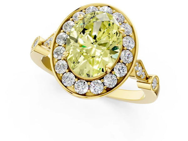 Yellow gold Fancy Yellow Oval  Halo Diamond Engagement Ring with Twisted Band and Four-Prong Setting