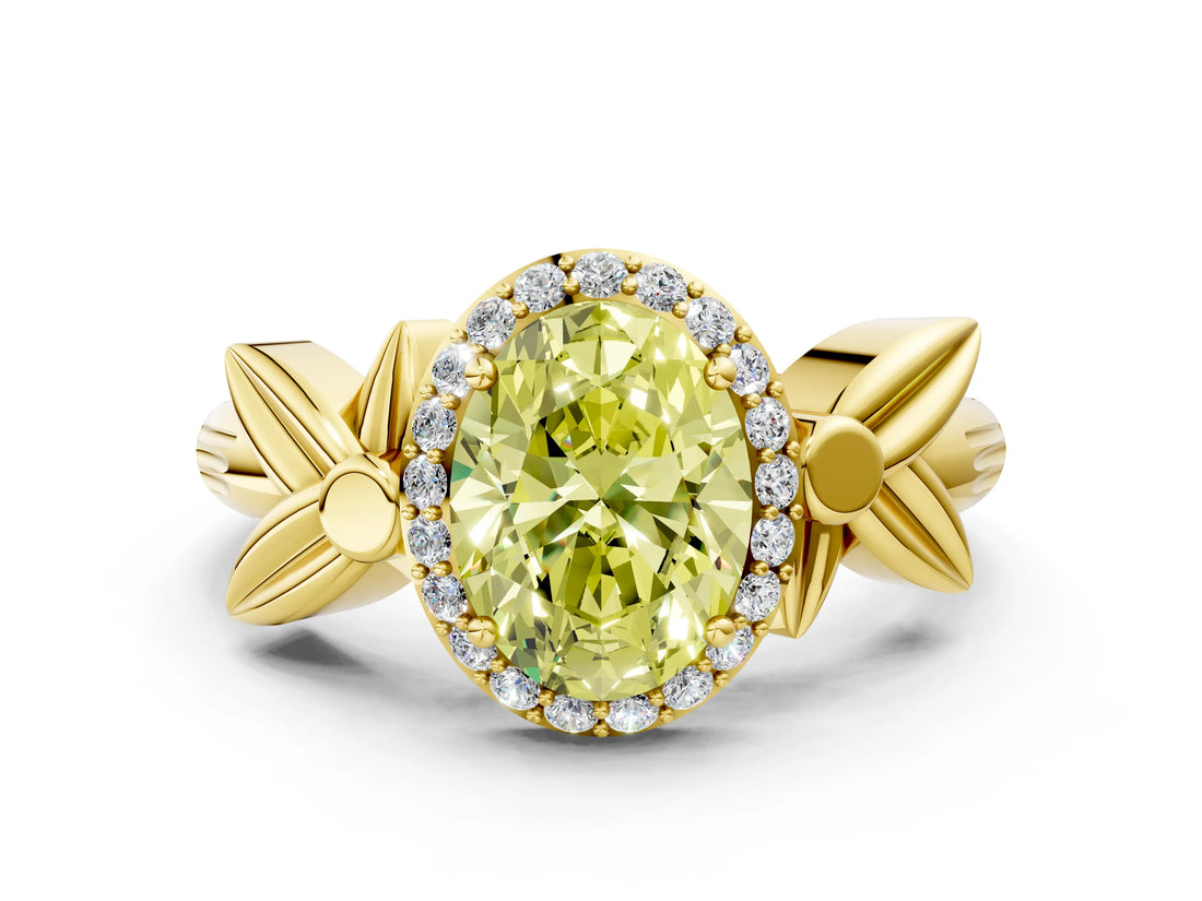 Yellow gold Fancy Yellow Oval  Halo Diamond Floral Band with Four-Prong Setting_55