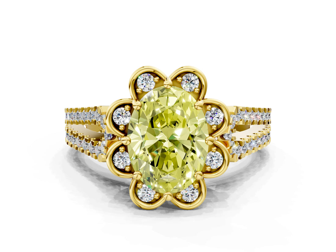 Yellow gold Fancy Yellow Oval  Halo Diamond Floral Split Shank Engagement Ring 1