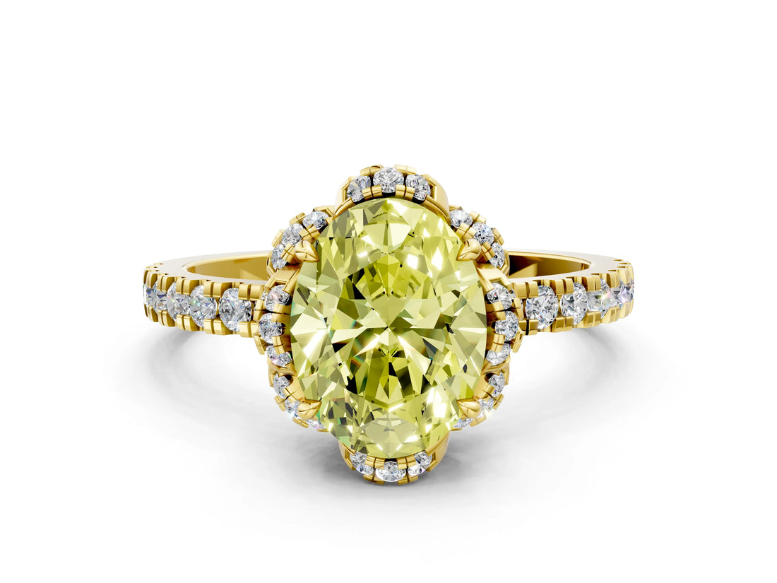 Yellow gold Fancy Yellow Oval  Halo Diamond Pave Band Ring with Four-Prong Setting_15