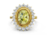Yellow gold Fancy Yellow Oval  Halo Diamond Ring with Milgrain Edge and Round Prong Setting_26