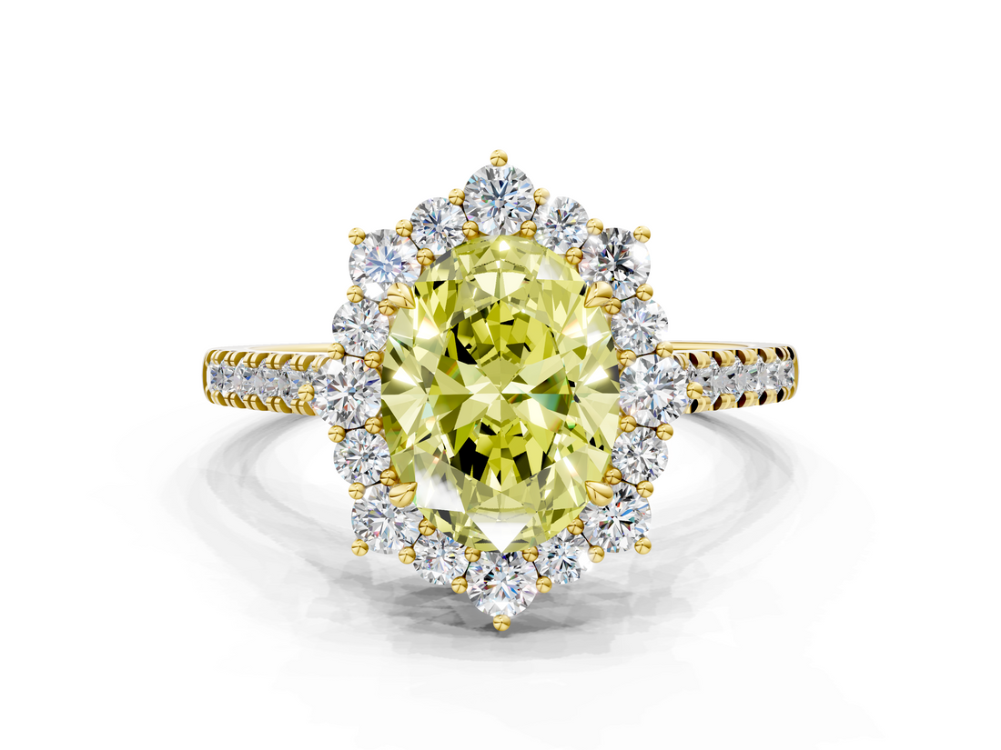 Yellow gold Fancy Yellow Oval  Halo Diamond Ring with Pavé Band and Prong Setting_54