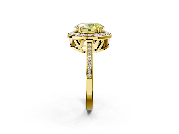Yellow gold Fancy Yellow Oval Cut Diamond Halo Ring with Split Shank and Four-Prong Setting