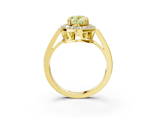 Yellow gold Fancy Yellow Oval Cut Diamond Halo Ring with Split Shank and Four-Prong Setting