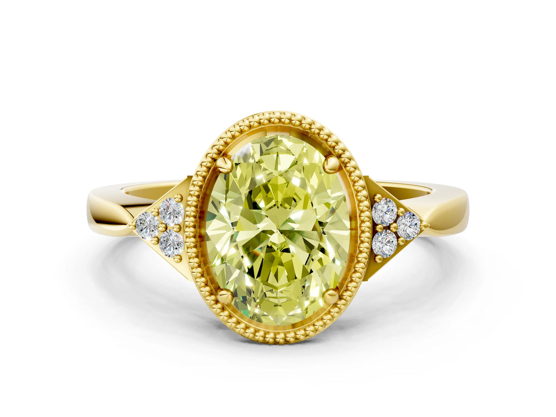 Yellow gold Fancy Yellow Oval  Halo Diamond Ring with Tapered Band and Four-Prong Setting_7