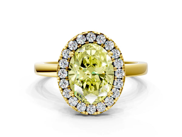 Yellow gold Fancy Yellow Oval  Halo Diamond Solitaire with Pavé Band and Four-Prong Setting