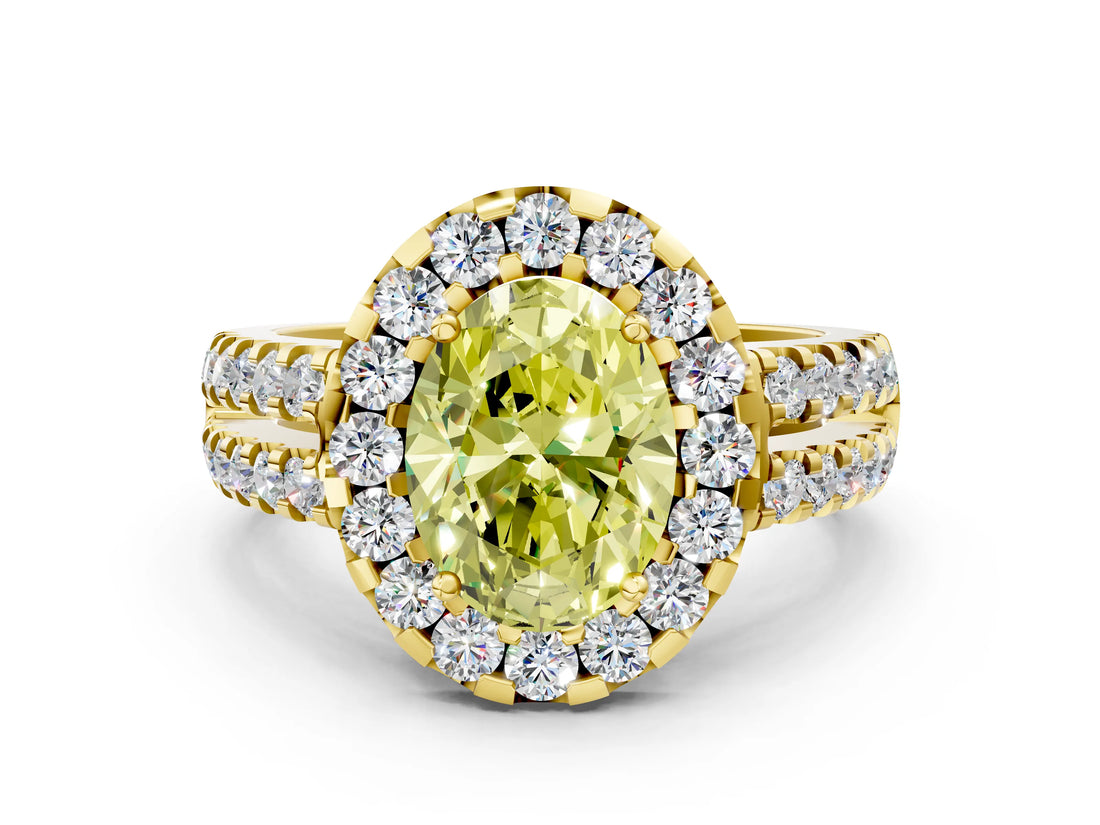 Yellow gold Fancy Yellow Oval  Halo Diamond Split Shank Engagement Ring with Prong Setting_51