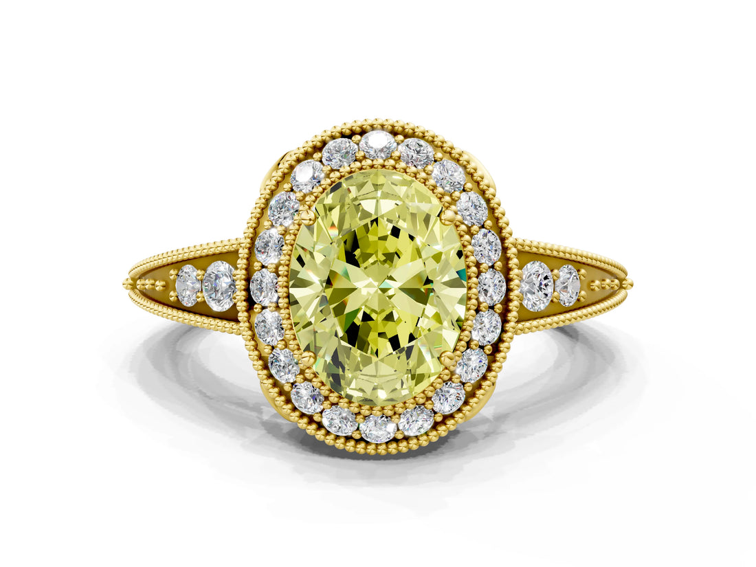 Yellow gold Fancy Yellow Oval  Halo Diamond Split Shank Ring with Milgrain Detail_48