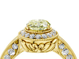 Yellow gold Fancy Yellow Oval  Halo Diamond Split Shank Ring with Milgrain Detail_52