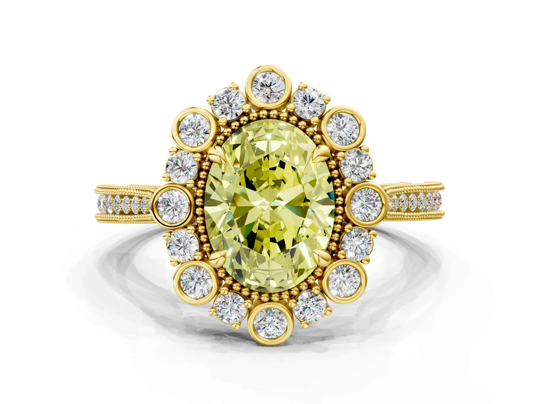 Yellow gold Fancy Yellow Oval  Halo Milgrain Pave Diamond Ring with Four-Prong Setting