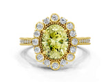 Yellow gold Fancy Yellow Oval  Halo Milgrain Pave Diamond Ring with Four-Prong Setting