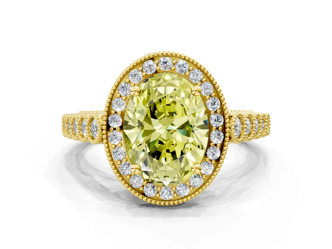 Yellow gold Fancy Yellow Oval  Halo Milgrain Solitaire with Bezel Set Side Stones and Pave Band_33