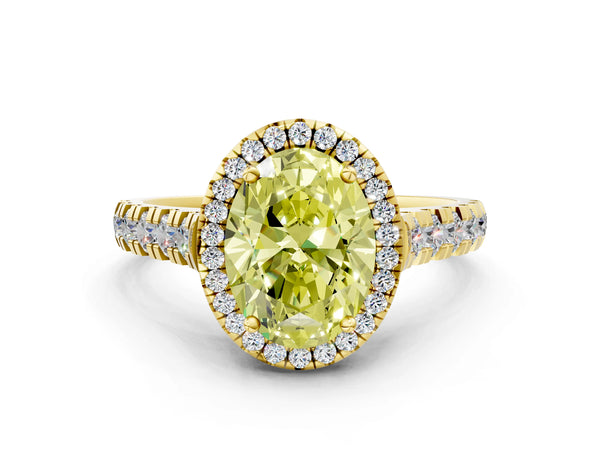 Yellow gold Fancy Yellow Oval  Halo Pavé Diamond Engagement Ring with Four-Prong Setting