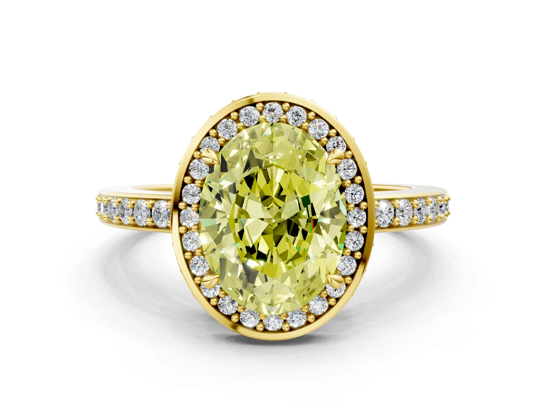 Yellow gold Fancy Yellow Oval  Halo Pave Band Solitaire Ring with Prong Setting_66