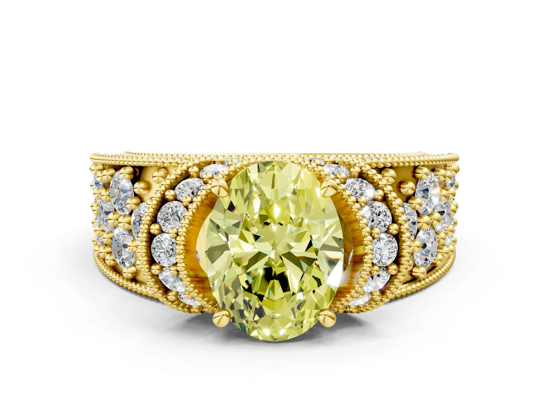 Yellow gold Fancy Yellow Oval  Halo Pave Diamond Engagement Ring with Milgrain Detailing_48