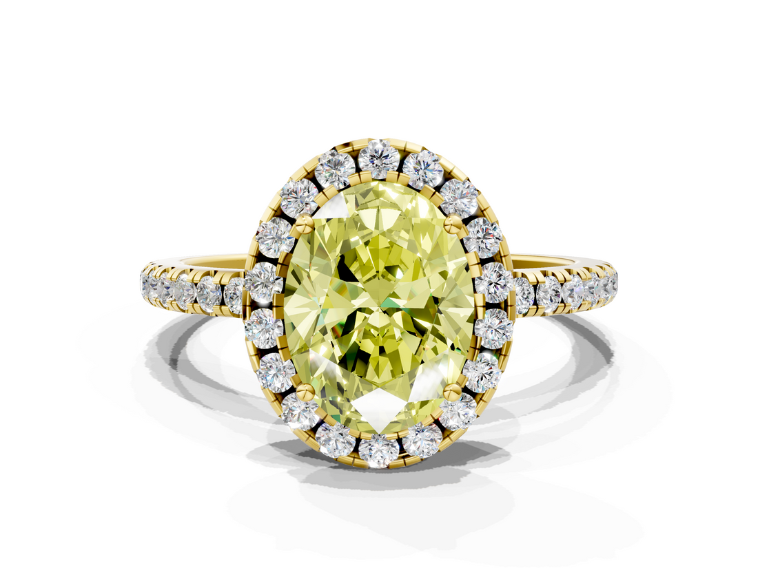 Yellow gold Fancy Yellow Oval  Halo Round Diamond Pavé Band Four-Prong Ring_3