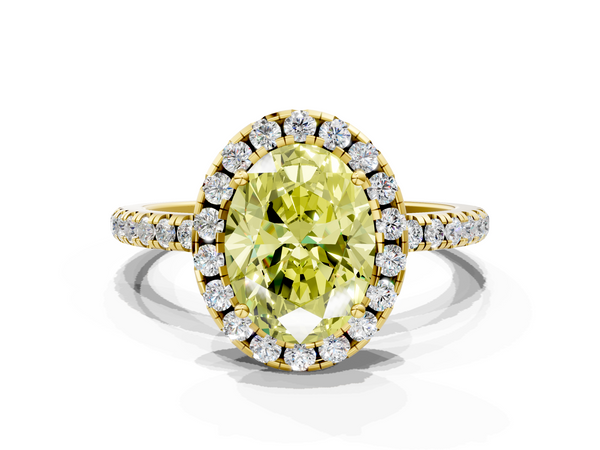 Yellow gold Fancy Yellow Oval  Halo Round Diamond Pavé Band Four-Prong Ring