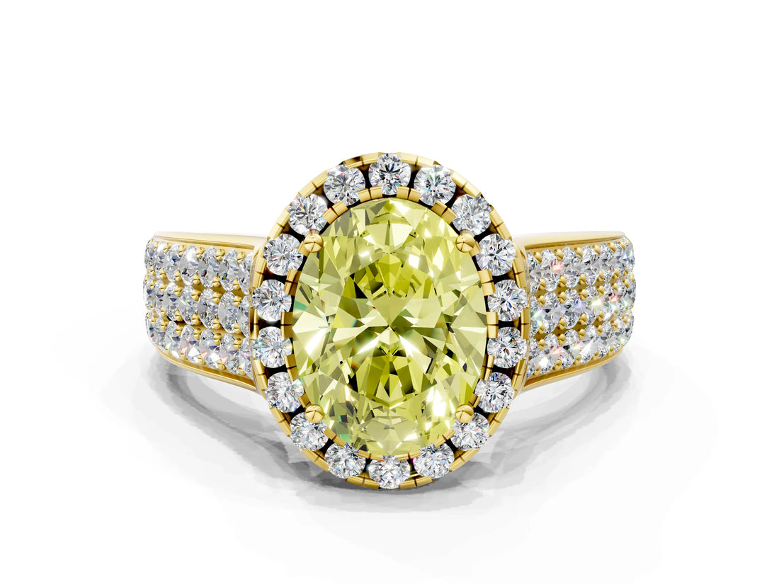 Yellow gold Fancy Yellow Oval  Halo Round Diamond Pave Band with Prong Setting
