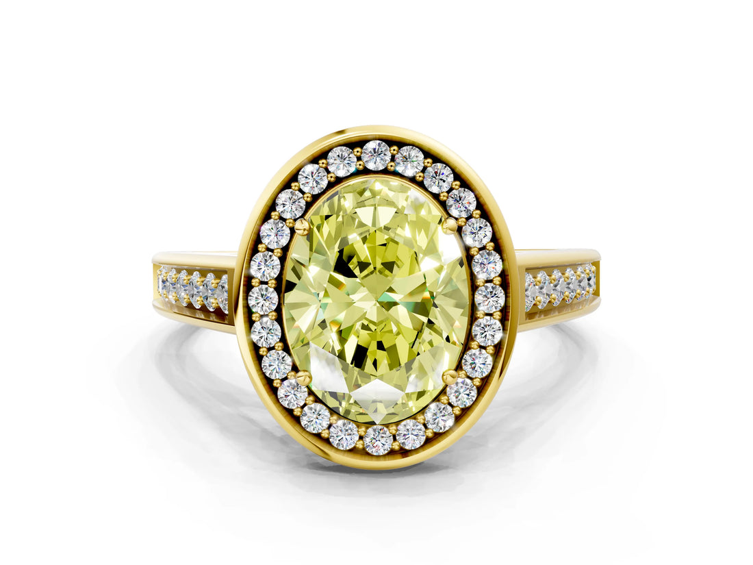 Yellow gold Fancy Yellow Oval  Halo Solitaire Diamond Ring with Pave Band and Bezel Setting_48