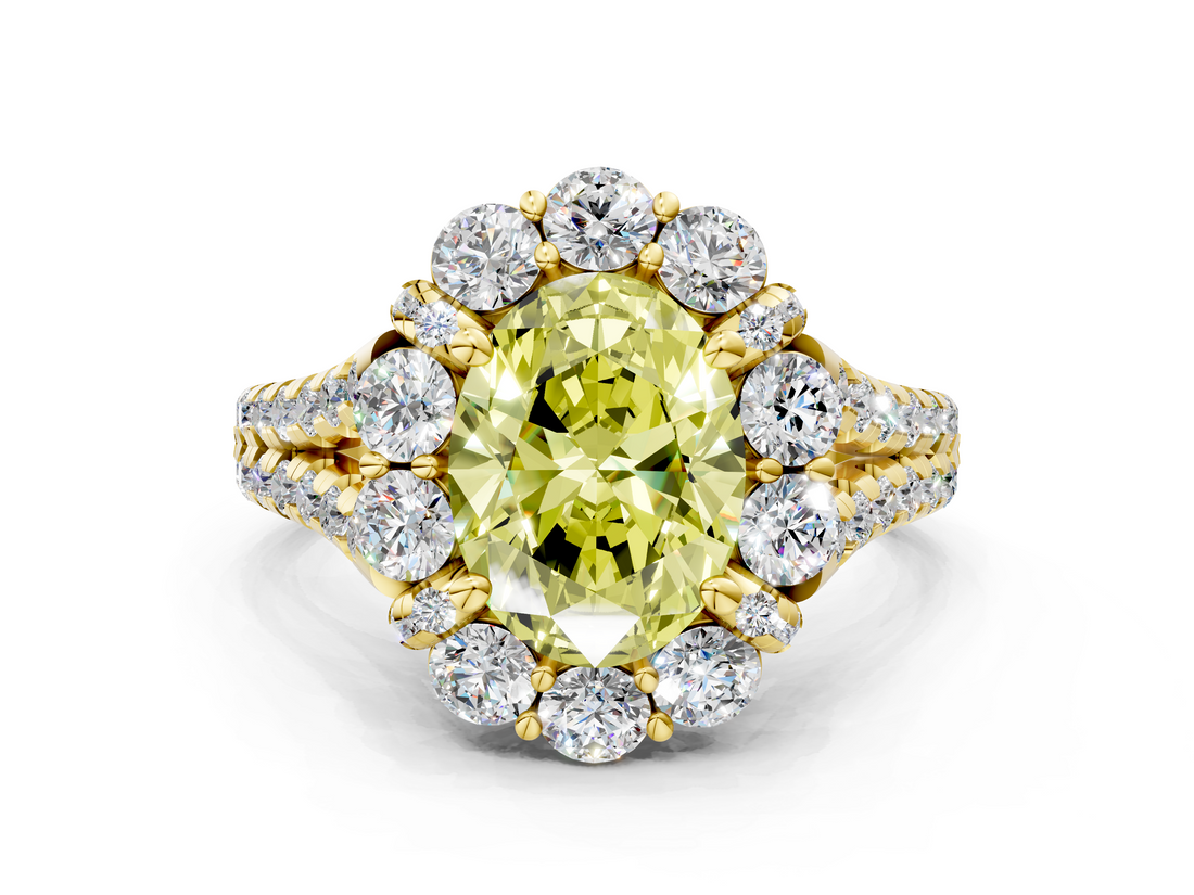 Yellow gold Fancy Yellow Oval  Halo Split Shank Diamond Engagement Ring with Pave Band and Four-Prong Setting_54