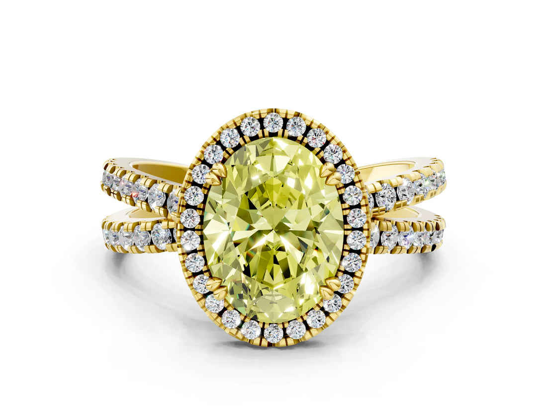 Yellow gold Fancy Yellow Oval  Halo Split Shank Diamond Ring with Pavé Setting