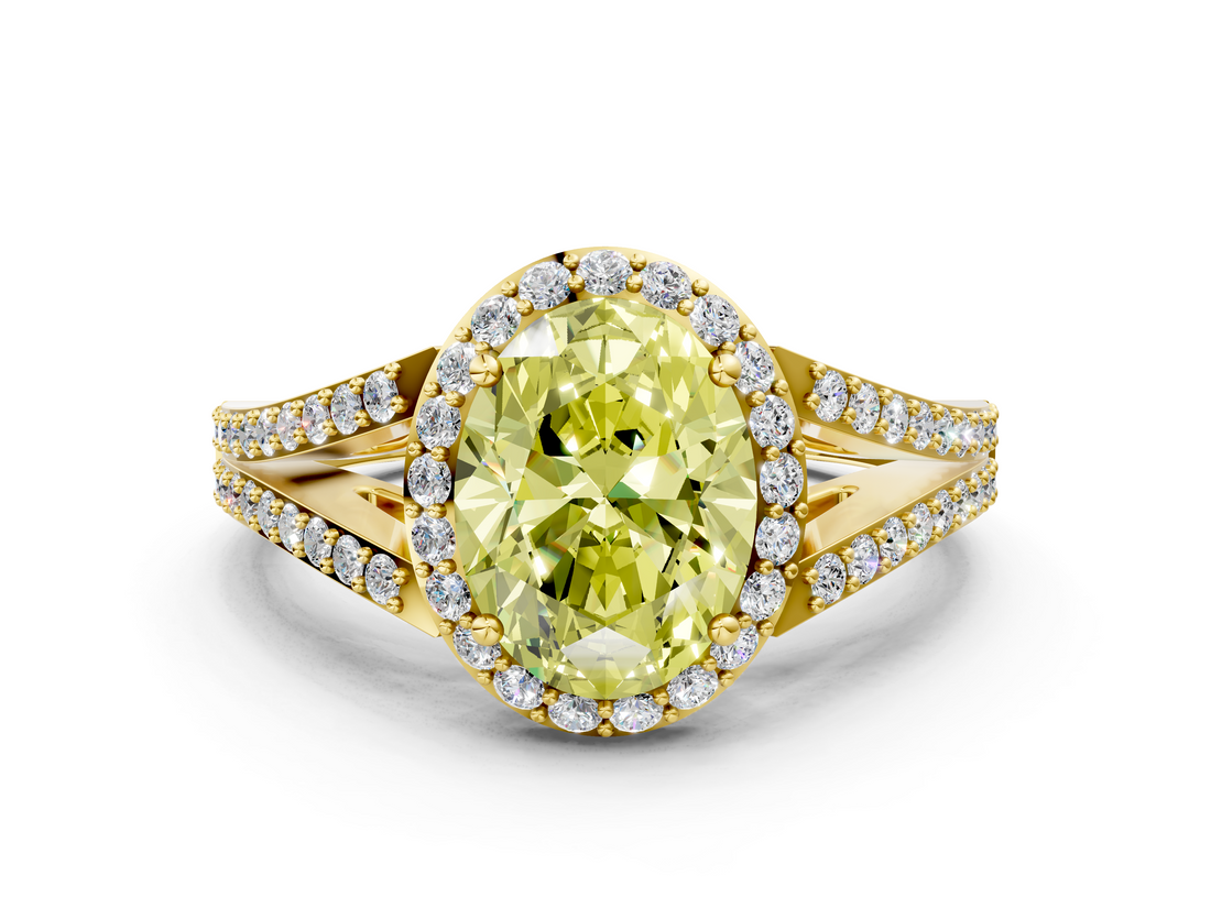 Yellow gold Fancy Yellow Oval  Halo Split Shank Diamond Ring with Prong Setting_20