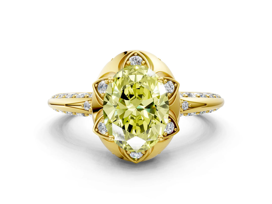 Yellow gold Fancy Yellow Oval  Halo Split Shank Pave Diamond Ring with Petal Prong Setting_21