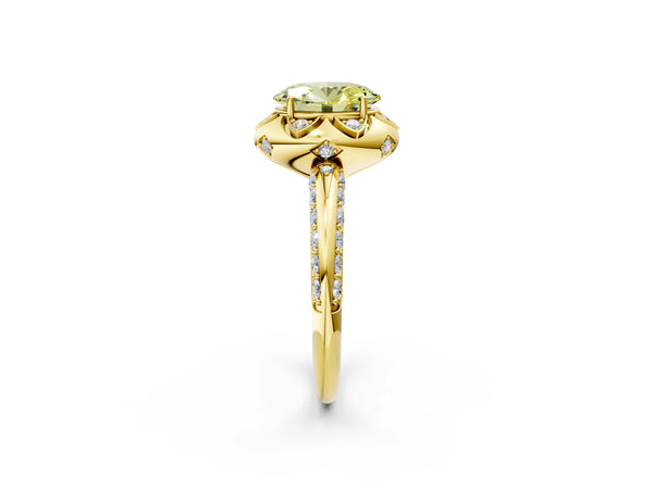 Yellow gold Fancy Yellow Oval  Halo Split Shank Pave Diamond Ring with Petal Prong Setting