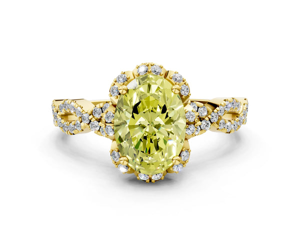 Yellow gold Fancy Yellow Oval  Halo Twist Band Solitaire Ring with Six-Prong Setting