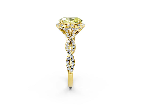 Yellow gold Fancy Yellow Oval  Halo Twist Band Solitaire Ring with Six-Prong Setting