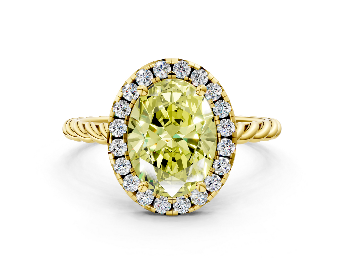 Yellow gold Fancy Yellow Oval  Halo Twisted Band Four-Prong Diamond Ring_20