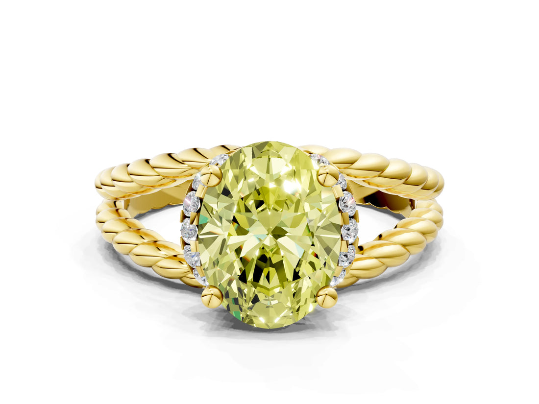 Yellow gold Fancy Yellow Oval  Halo Twisted Band Four-Prong Ring_32