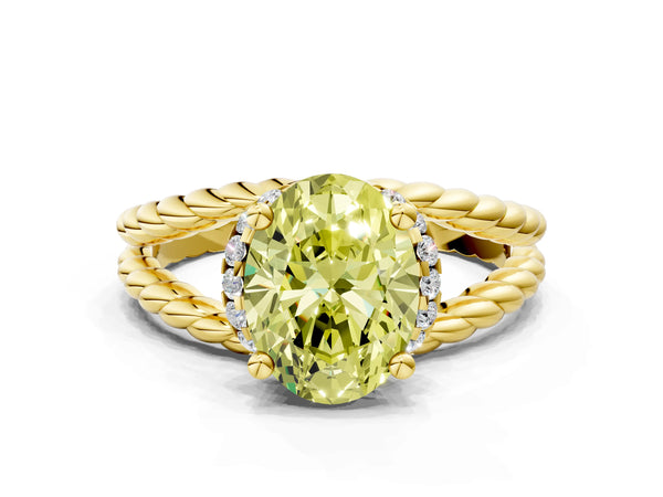 Yellow gold Fancy Yellow Oval  Halo Twisted Band Four-Prong Ring