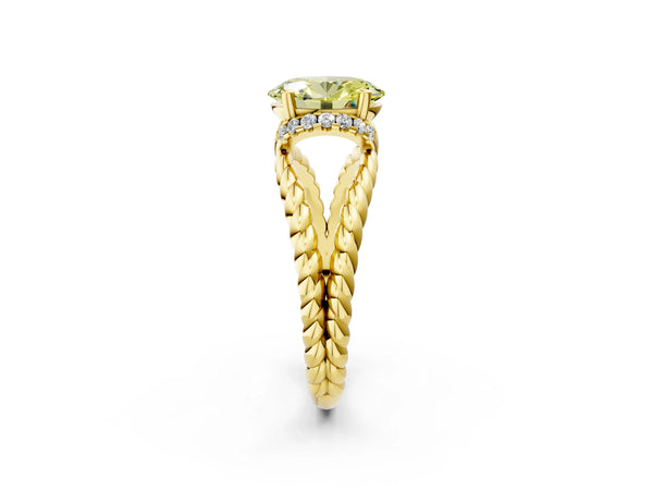 Yellow gold Fancy Yellow Oval  Halo Twisted Band Four-Prong Ring