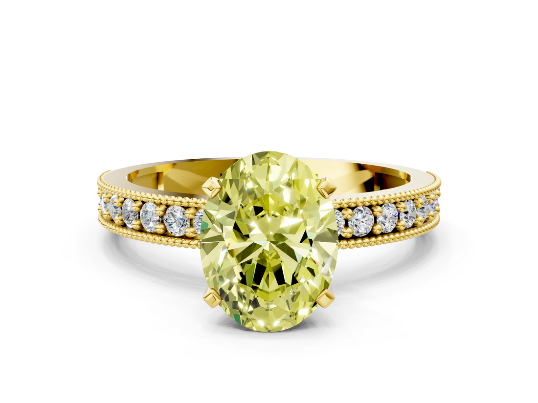 Yellow gold Fancy Yellow Oval  Milgrain Pave Diamond Engagement Ring with Four-Prong Setting_144