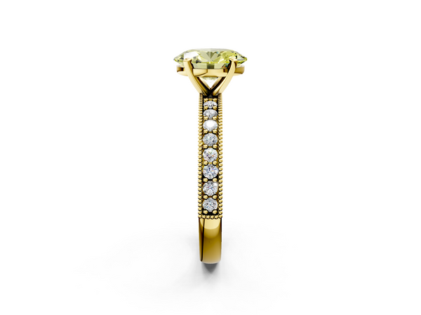 Yellow gold Fancy Yellow Oval Cut Diamond Milgrain Pavé Engagement Ring with Four-Prong Setting