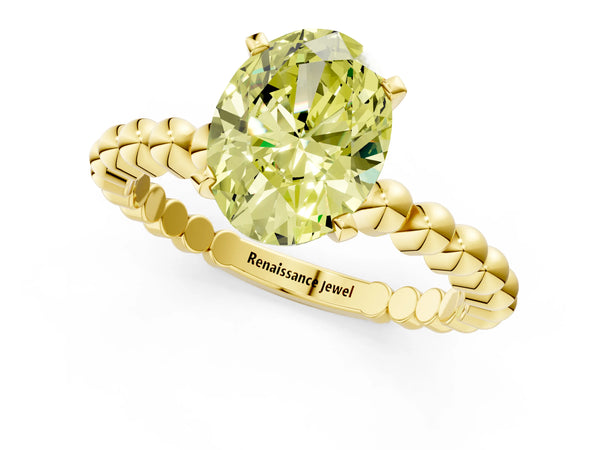 Yellow gold Fancy Yellow Oval Cut Diamond Solitaire Ring with Beaded Band and Prong Setting