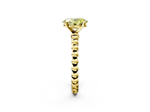 Yellow gold Fancy Yellow Oval Cut Diamond Solitaire Ring with Beaded Band and Prong Setting