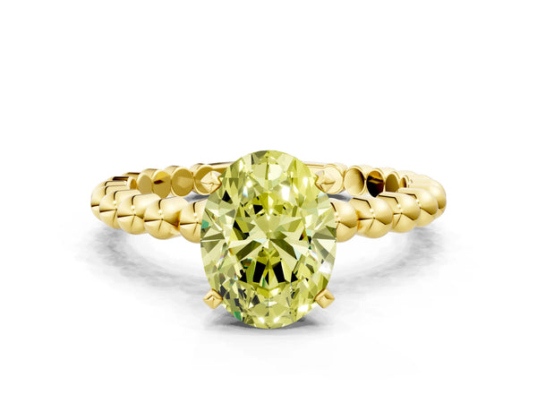 Yellow gold Fancy Yellow Oval Cut Diamond Solitaire Ring with Beaded Band and Prong Setting